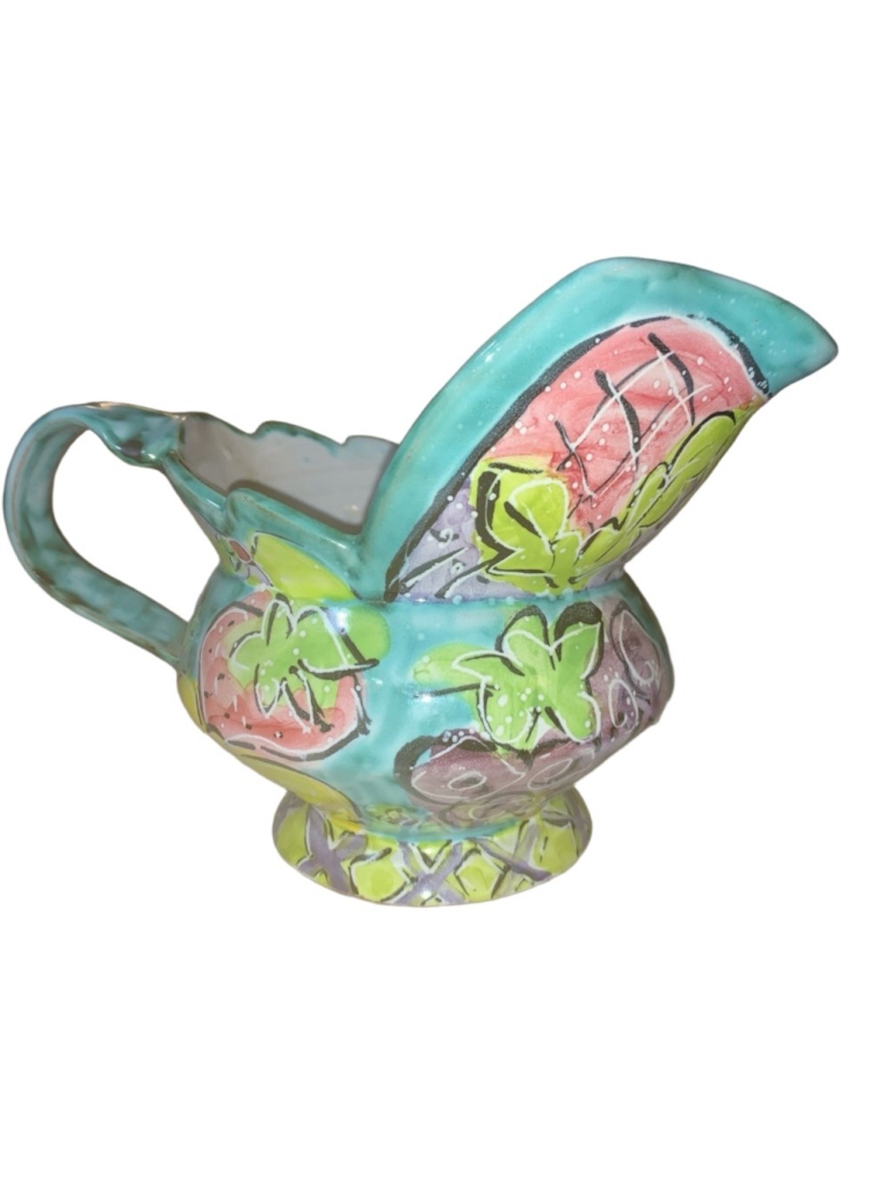 Handmade vintage Teal Multi-color fruit design Pitcher